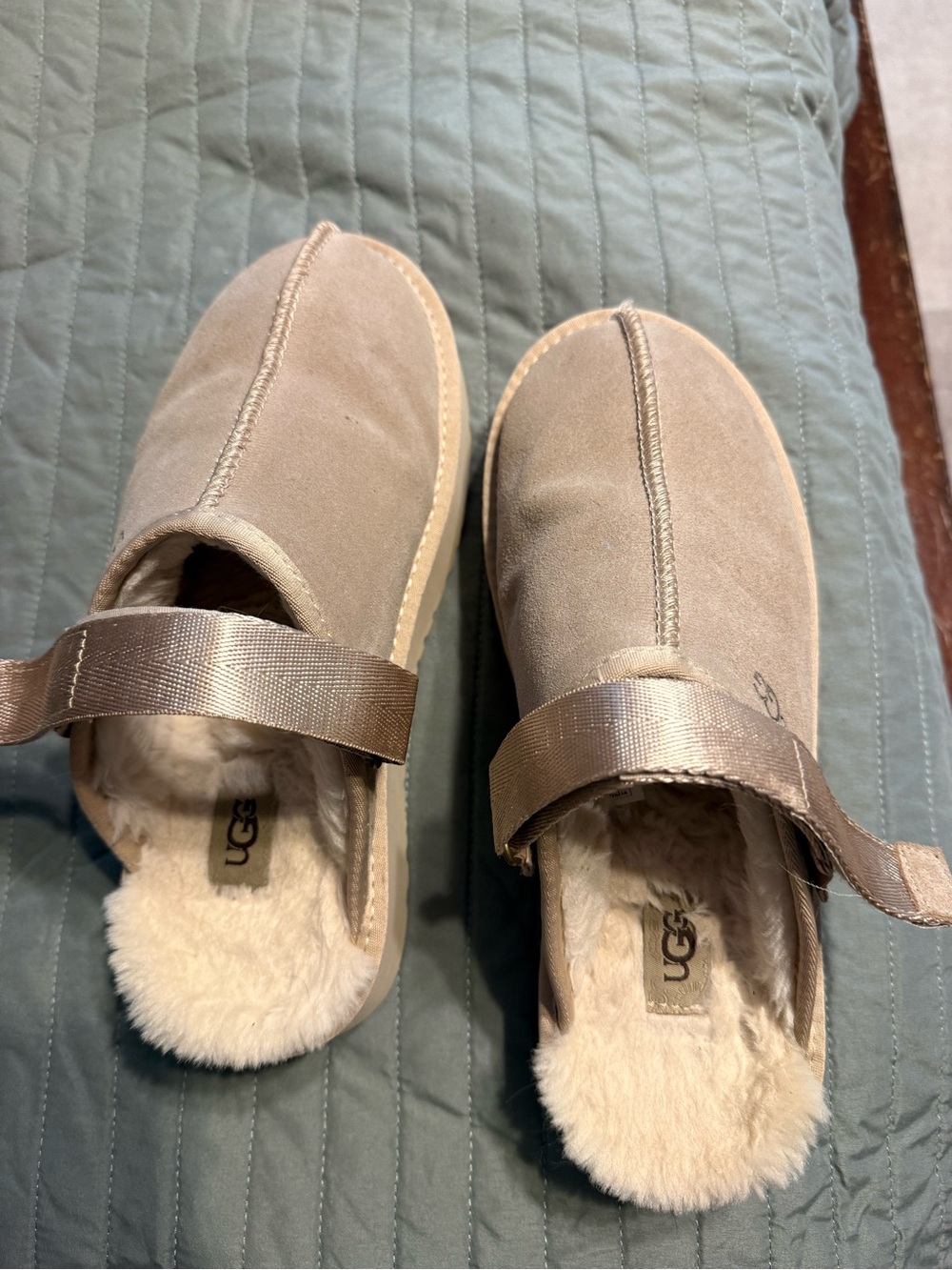 UGG Taupe Suede Fleece-Lined Satin-Trim Clog Mules